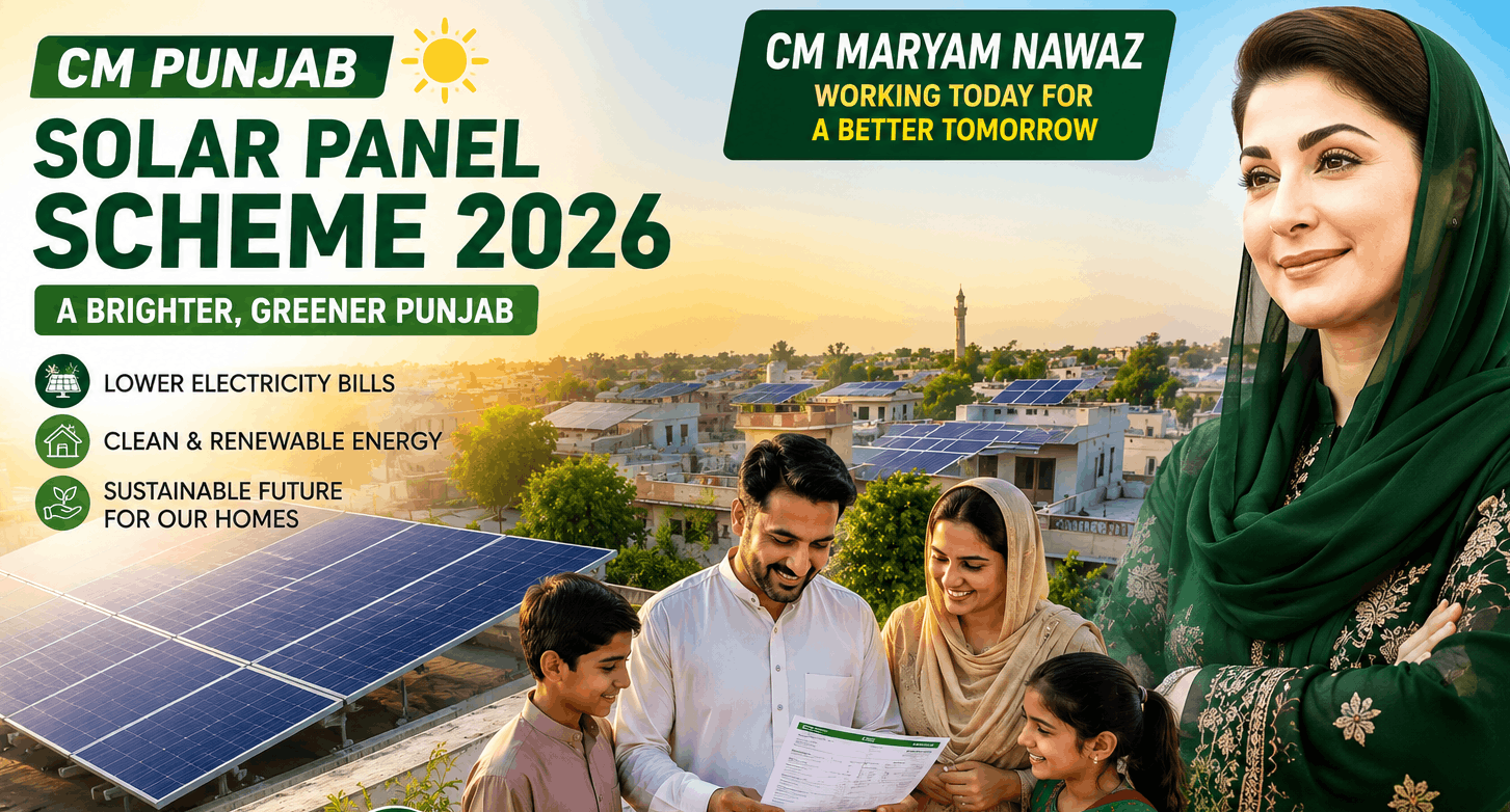 CM Maryam Nawaz promoting the Punjab Solar Panel Scheme 2026 with rooftop solar panels, a Pakistani family, and clean energy visuals